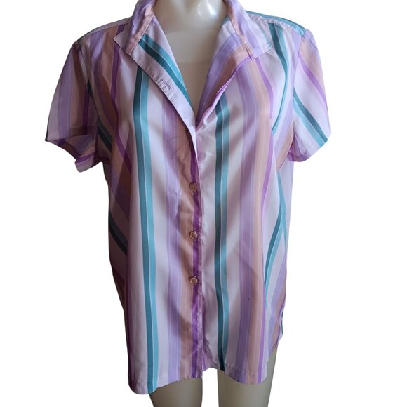 Women's large Vintage 70's Striped Button-Up Blouse Pastel Purple/Teal Stripes - Picture 1 of 7